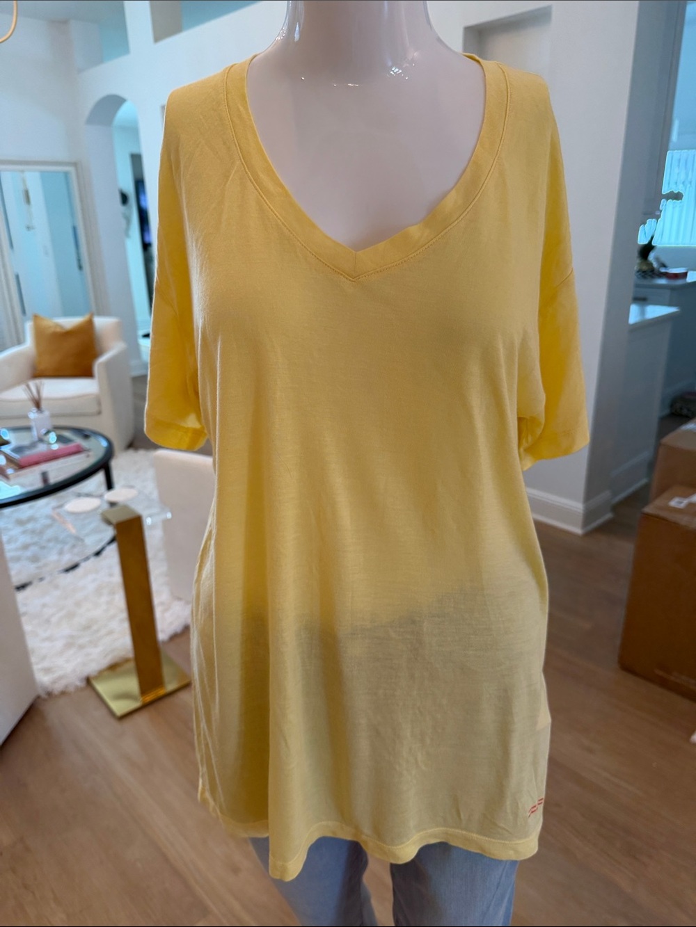 Peace Love World Sunny Yellow V-Neck Short Sleeve Tee